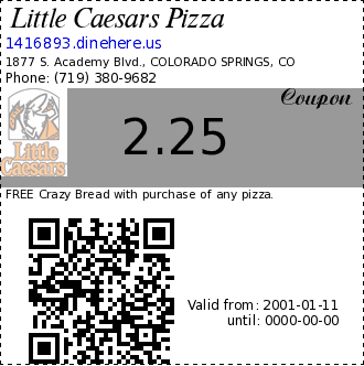 Little Caesars Pizza coupon : FREE Crazy Bread with purchase of any pizza.Valid at S. Academy store only